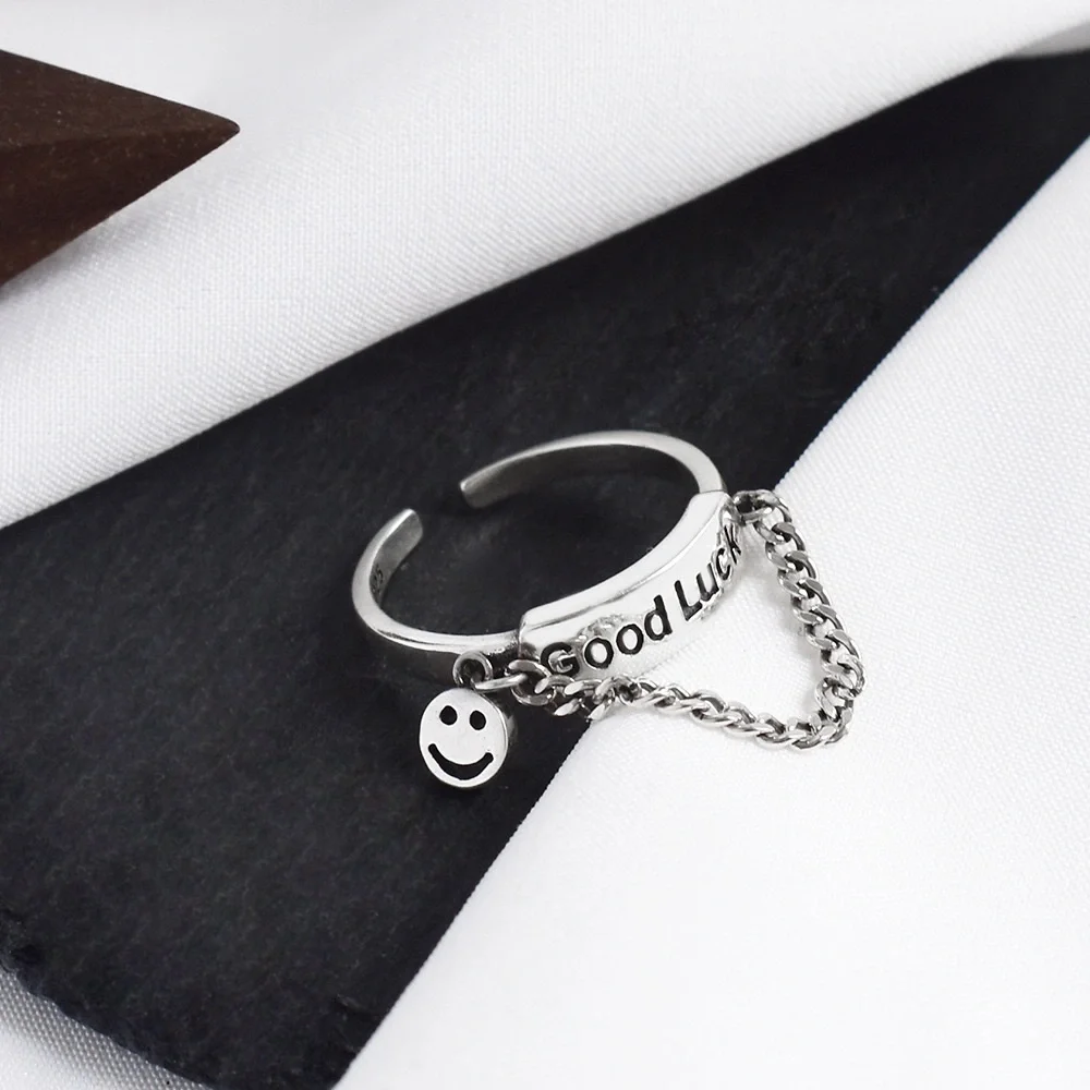 Smiley face ring, silver chain ring, lucky ring, stacking silver ring